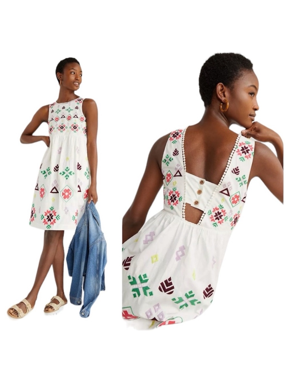 Anthropologie White Sleeveless Midi Dress with Multicolor Embroidery